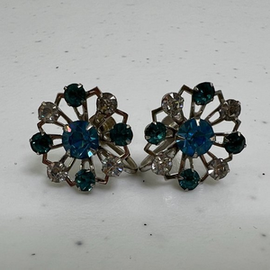 Vintage Screw Back Earrings Blue‎ Rhinestone Silver Tone Filigree Stud Geometric